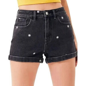 PACSUN Mom Shorts Floral Daisy Embroidered Cuffed Denim Charcoal Size 25
